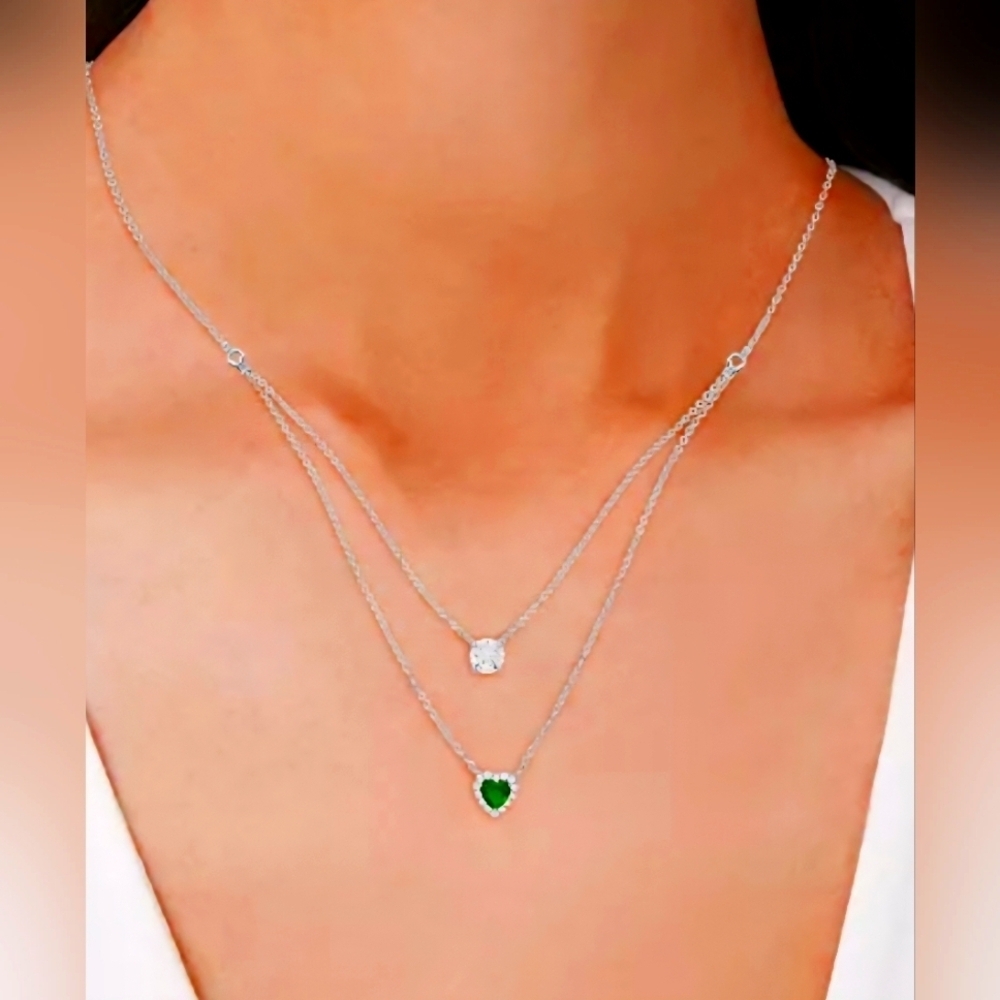 Green Quartz & White Sapphire 1 ct.16" Layered Necklace in Sterling Silver 2pc